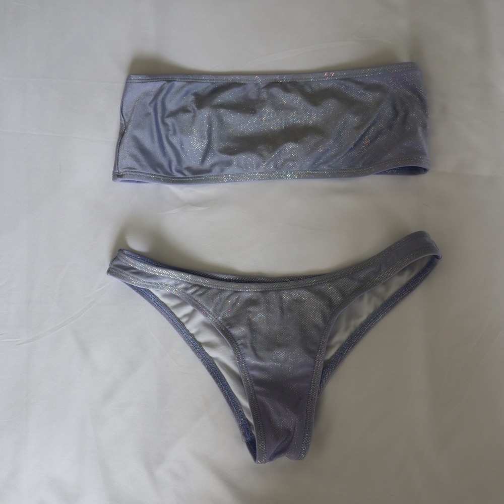 Fashion Nova Glitter Shimmer Bandeau Bikini Set Purple Lavender Rave Festival M